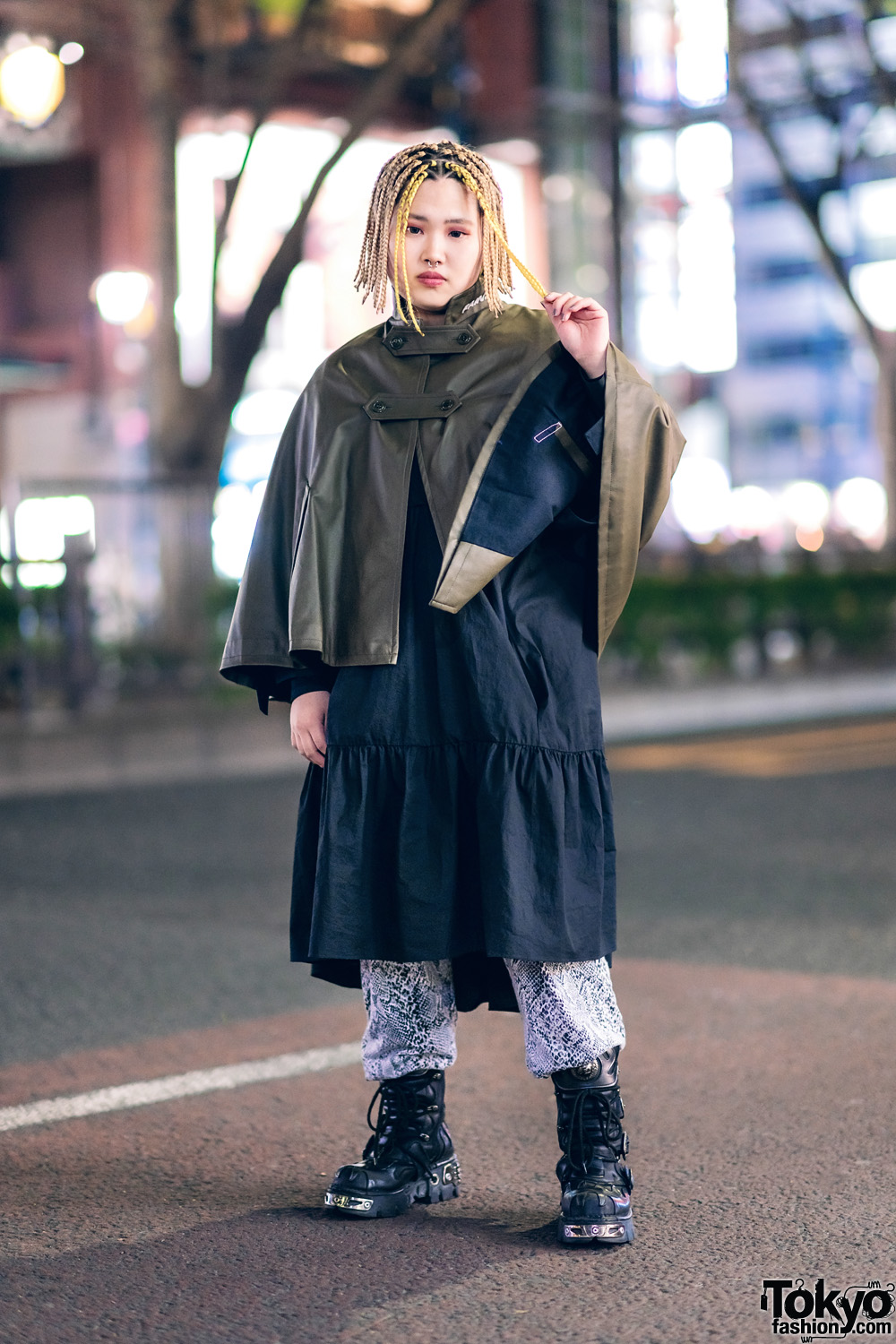 Tokyo Layered Street Style w/ Yellow Braids, Septum Ring, Growing Pains Faux Leather Cape, Tiered Dress, Kinsella Snakeskin Pants & New Rock Boots