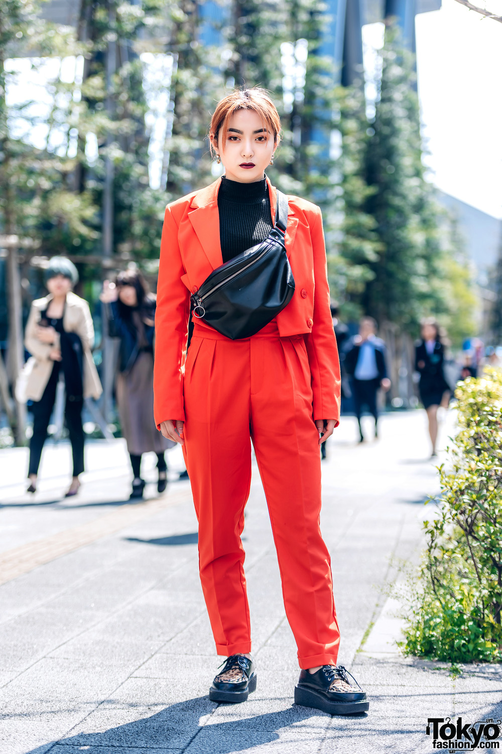 Chic Women's Suit Fashion in Shibuya w/ Dark Lipstick, Orange Suit, Waist Bag & Leopard Print Creepers