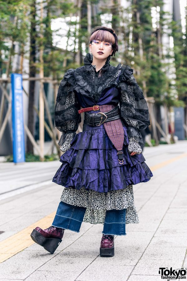 Layered Ruffles Tokyo Street Fashion w/ Birdcage Veil, Sheer Blouse, Multiple Belts, Kinji Vintage & Yosuke Boots