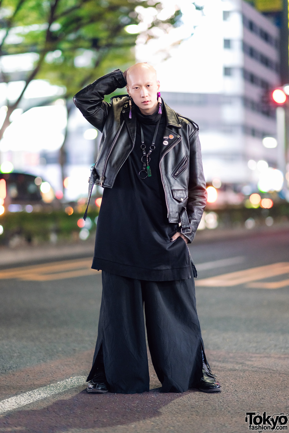 Japanese Model & Musician in All Black Harajuku Street Style w/ Tassel Earrings, Leather Jacket, Wide Leg Pants & Buckle Boots