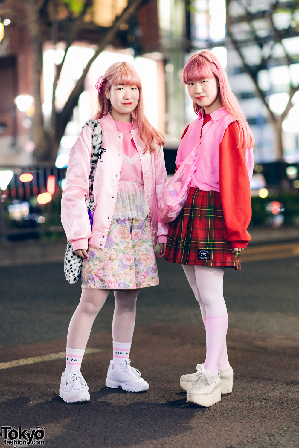 Japanese Twins in Harajuku w/ Pink Hair, Satin Varsity Jacket, Floral Shorts, FILA, Lovers Rock London Tokyo Plaid Skirt, Kiki2, WEGO Leopard Bag & Tokyo Bopper Bow Shoes