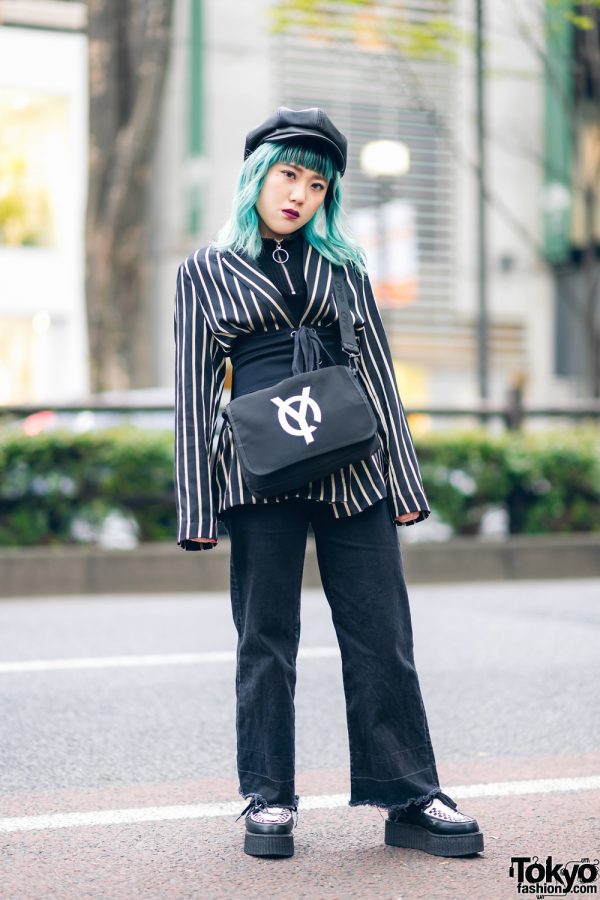Monochrome Tokyo Street Style w/ Aqua Hair, Gallerie Newsboy Cap, H&M, Frayed Pants, OY Flap Bag & Platform Creepers
