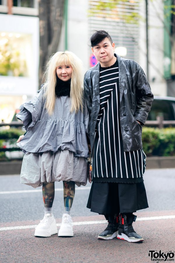 Harajuku Monochrome Streetwear Styles w/ Handmade Ruffle Top, Balloon Skirt, Muchacha Cat Purse, Demonia Platforms, Striped Tunic & Y-3 Sneakers