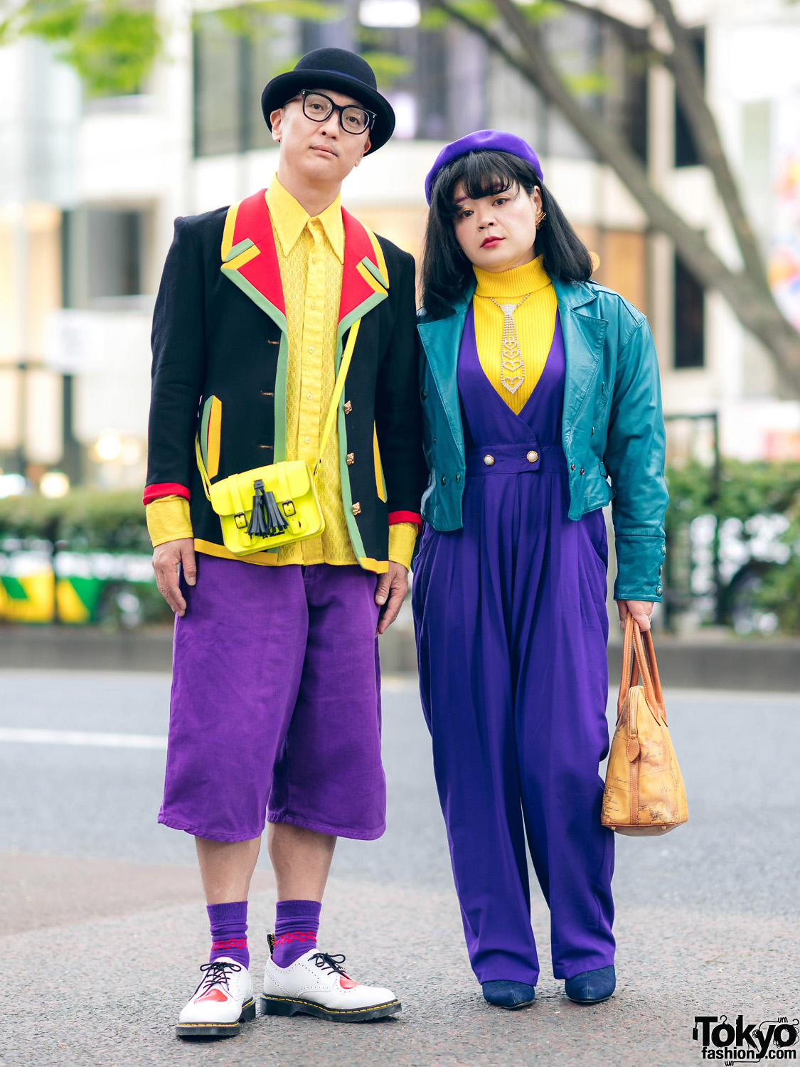 Harajuku Couple in Colorblock Street Styles w/ Bowler Hat, Punk Cake, Cross Colours Denim Shorts, Dr. Martens Loafers, Kinji & Sometimes Store Denim Boots