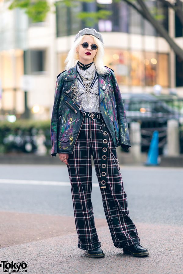 Tokyo Streetwear w/ Platinum Blonde Hair, Paint Splatter Jacket, Plaid Pants, Chain Top, Harness, Leather Boots & Silver Accessories