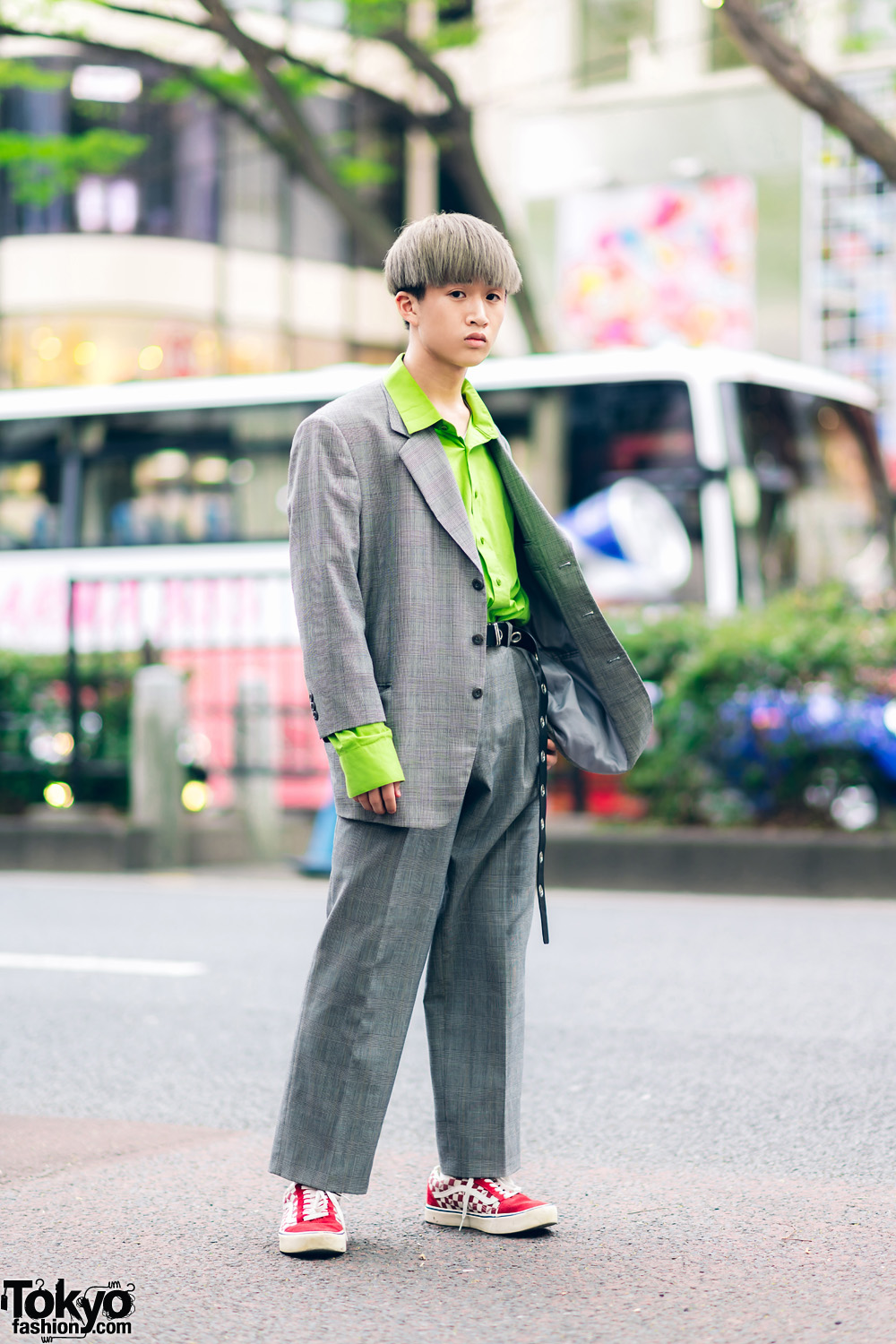 Gray Suit & Green Shirt Harajuku Vintage Street Style
