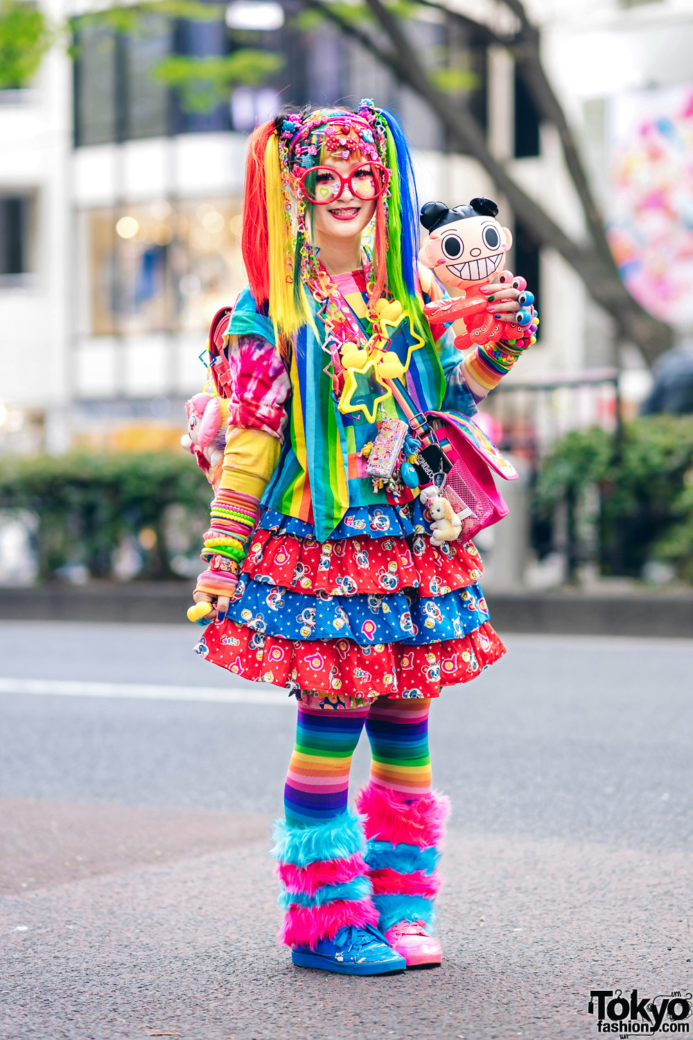 Rainbow Decora Style in Harajuku w/ Handmade Clothing, Tiered Skirt, Tomoe Shinohara Doll, Furry Leg Warmers, Care Bears, Sailor Moon & Decora Accessories