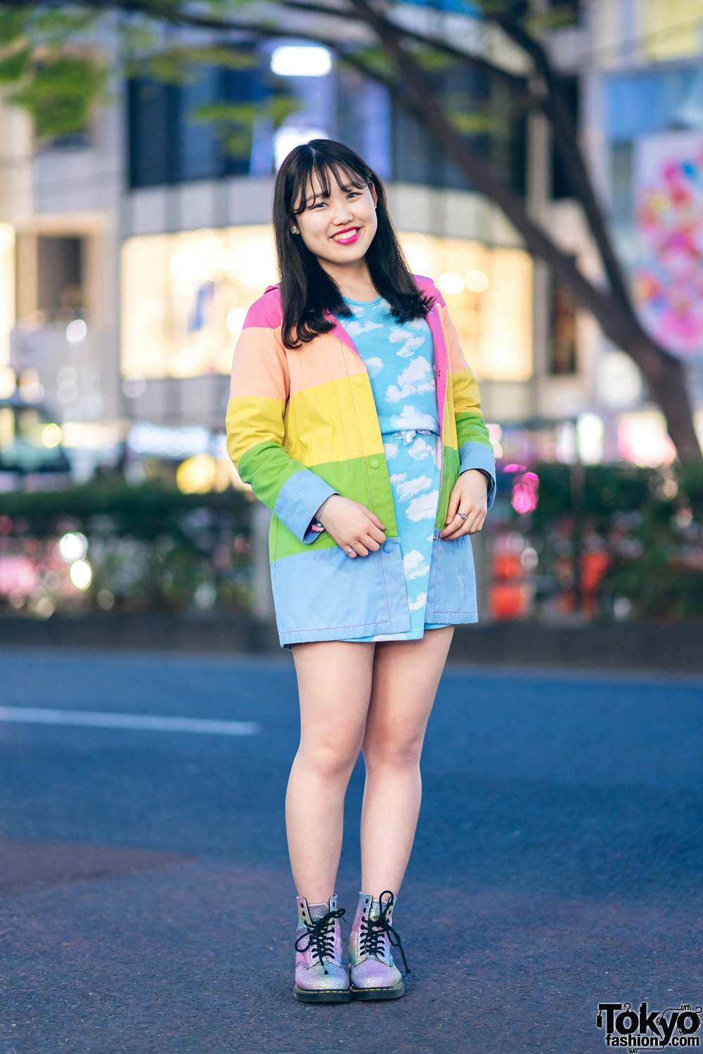 Rainbow Jacket and Cloud Print Dress Harajuku Street Style