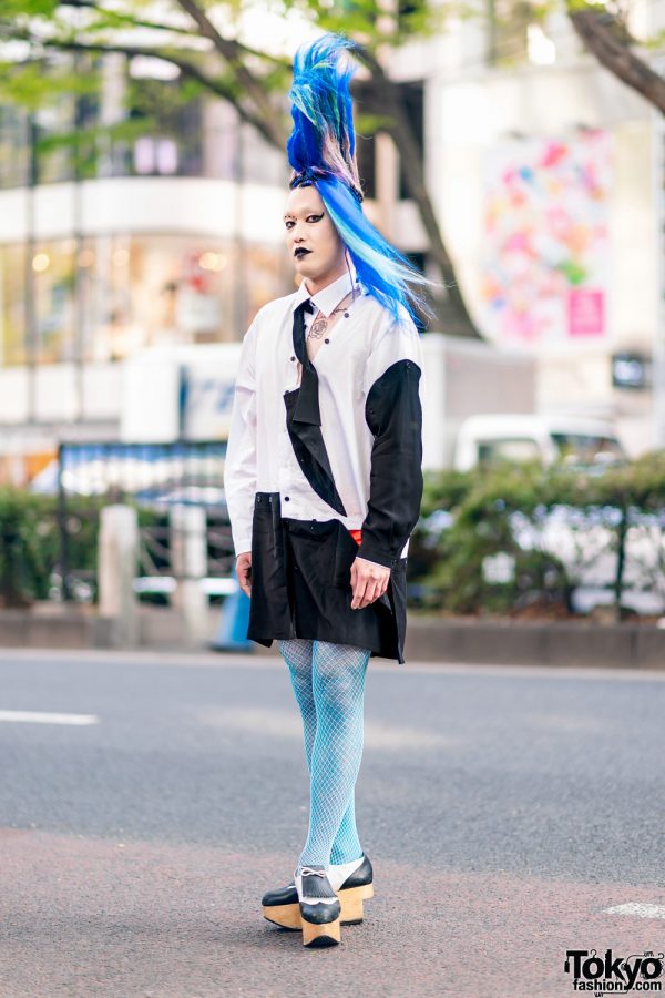 Vintage Fashion Buyer & Model in Harajuku w/ Tall Blue Hairstyle, Tattoos, Yohji Yamamoto Long Shirt, Alexander Wang, Y’s & Vivienne Westwood Rocking Horse Golf Shoes