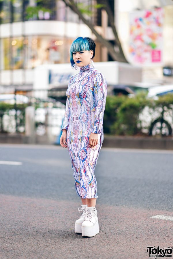 Japanese Singer-Songwriter Mi-Yu in Harajuku w/ Asymmetrical Bob, Blue Makeup, Custom Made Graphic Print Bodycon Dress by Sakuran, MYOB x Damage Earrings & YRU Platform Sneakers