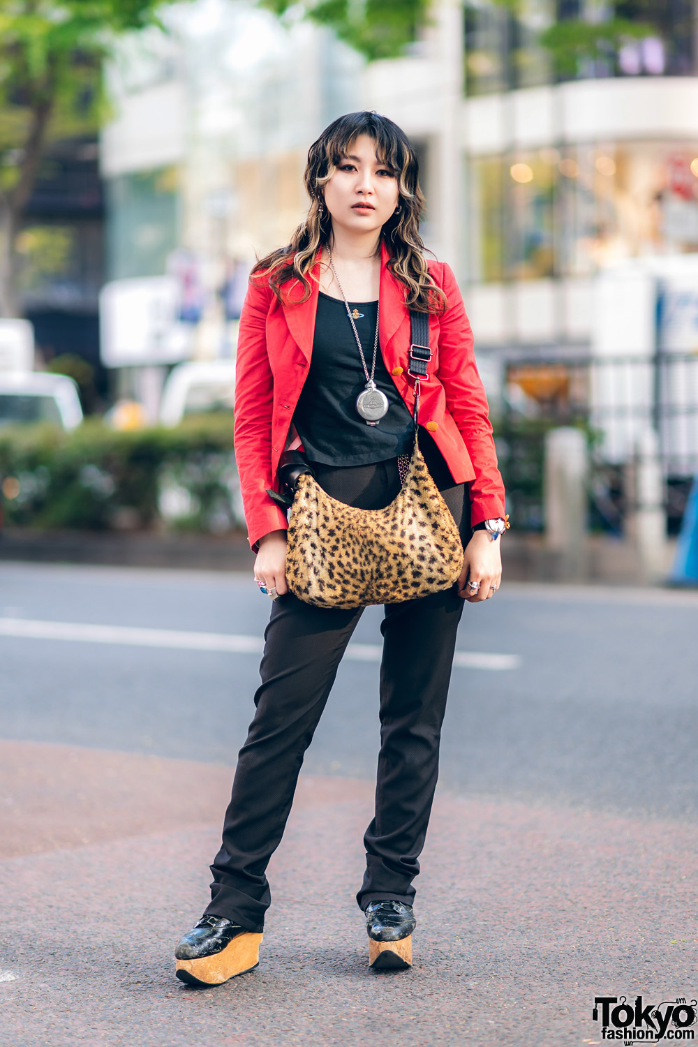 Dress Designer's Contemporary Street Style w/ Curly Hair, Jean Paul Gaultier Pants, Deaf Breed, Vivienne Westwood Furry Leopard Print Bag & Rocking Horse Shoes