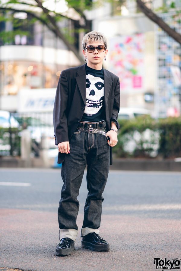 All Black Tokyo Street Style w/ Pinstripe Blazer, Misfits Skull Danzig Band Tee, Eytys Cuffed Jeans & Fenty x Puma Patent Creepers