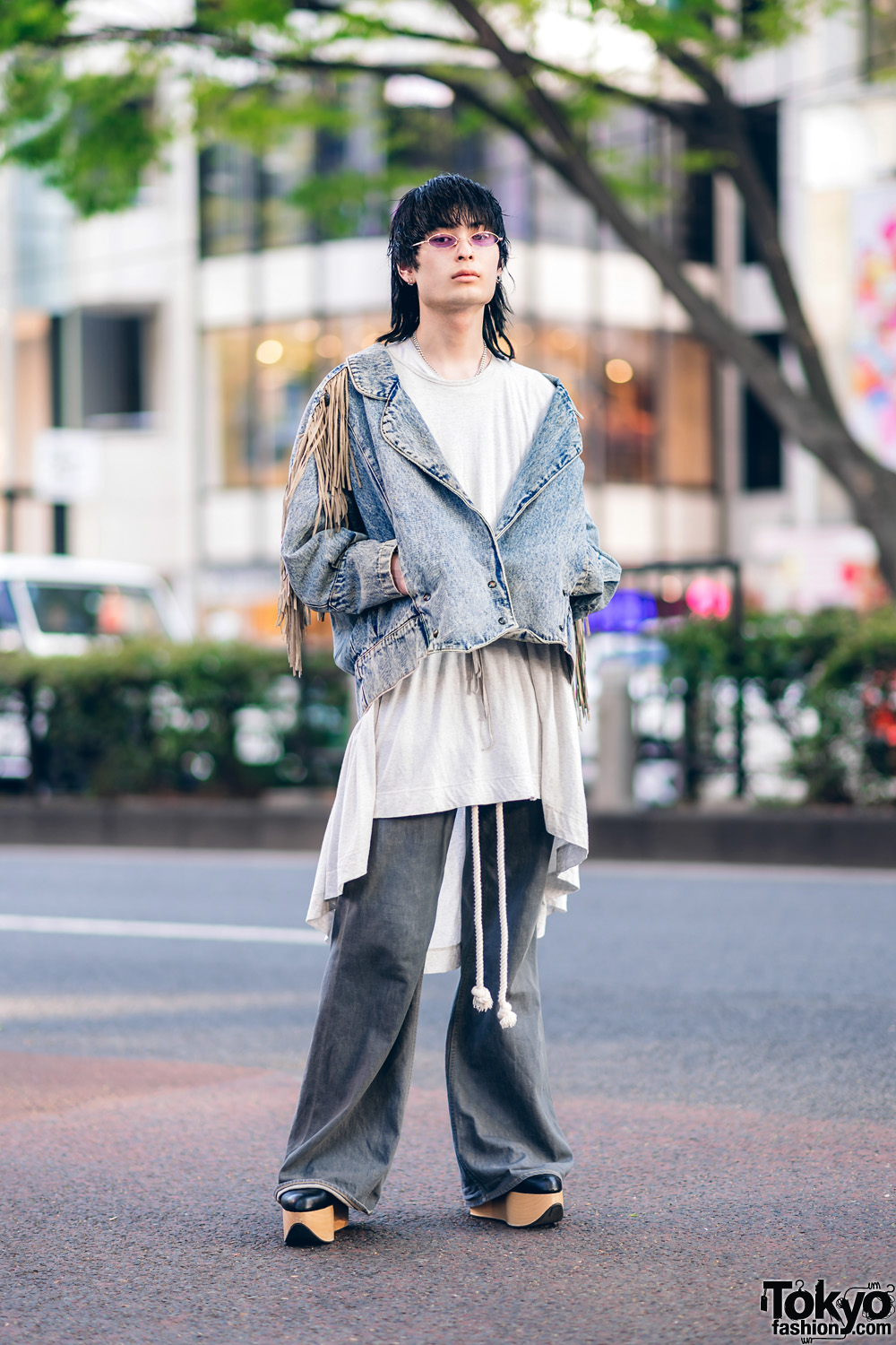 Denim Streetwear in Harajuku w/ Shaggy Hair, Purple Sunglasses, Fringed Jacket, Ralph Lauren Flared Pants & Vivienne Westwood Rocking Horse Shoes