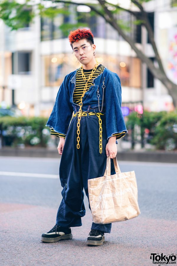 Harajuku Hair Dresser in Vintage Handmade Street Style w/ Spiky Hair, Yellow Chains, Cropped Denim Jacket, Loose Denim Pants, Dr. Martens Suede Boots & Comme des Garcons Tote Bag