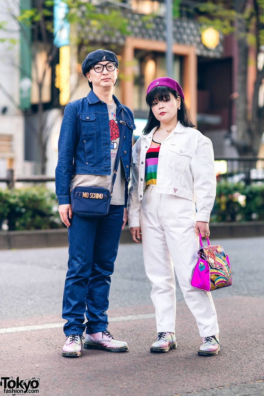 Harajuku Couple's Denim Streetwear Styles w/ Kangol Hats, Moschino, Guess, Undercover Hello Kitty Print Shirt, Sonia Rykiel Keyhole Top, Irregular Choice Bag & Dr. Martens Glitter Boots