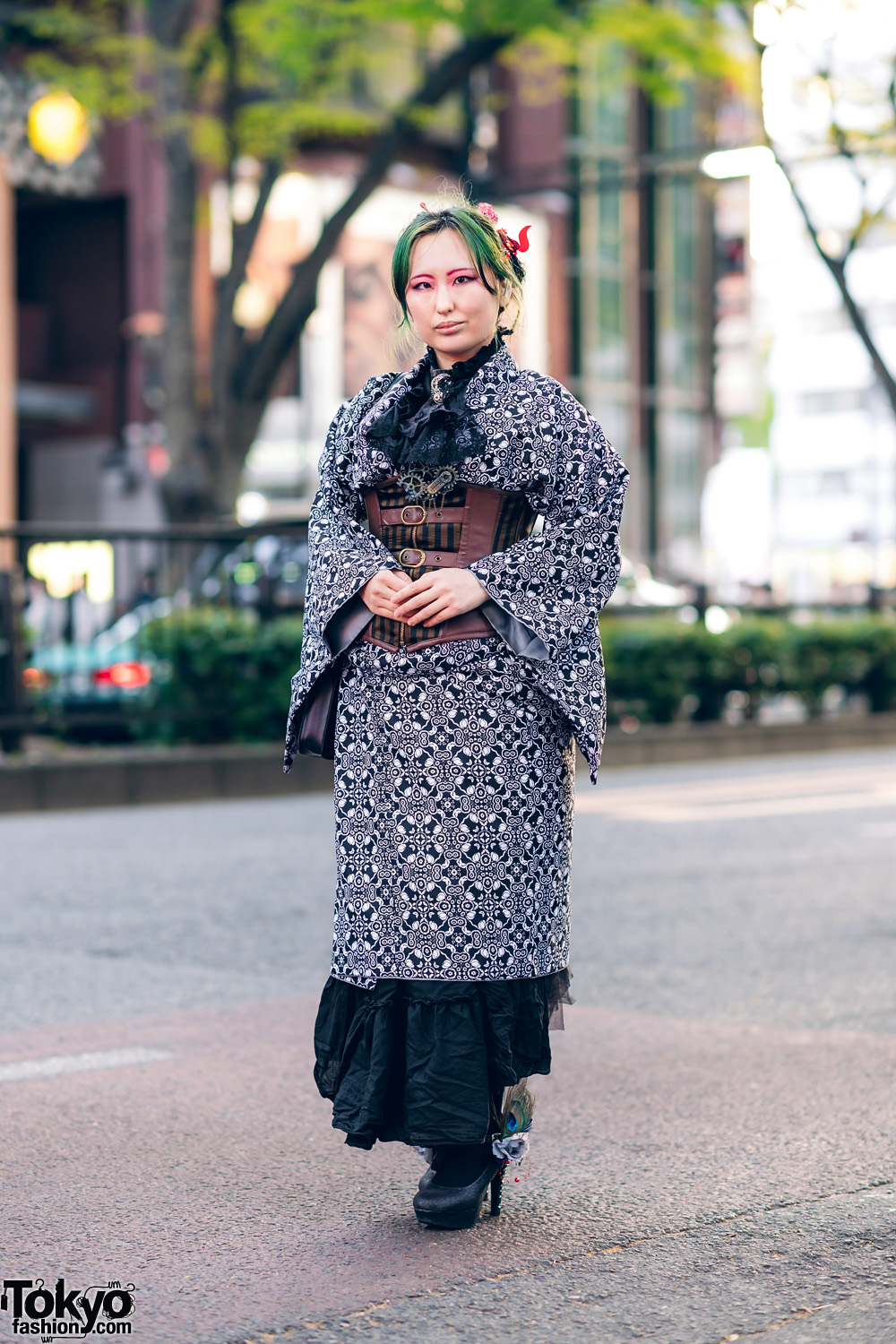 Kimono Style w/ Steampunk Accents, Corset Belt, Lace Cravat, Harry Potter Satchel Bag & Embellished Platform Pumps