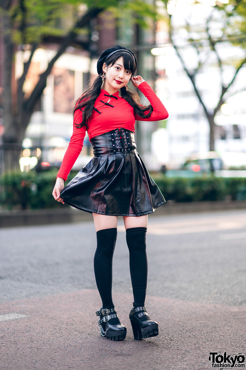 Japanese Idol in Harajuku w/ Twin Tails, Listen Flavor Beret, Cheongsam Style Top, Faux Leather Skirt & Yosuke Platforms