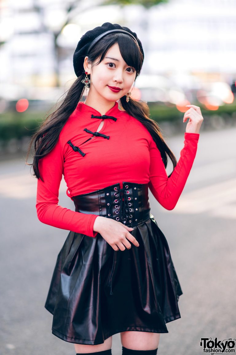 Japanese Idol In Harajuku W Twin Tails Listen Flavor Beret Cheongsam Style Top Faux Leather 