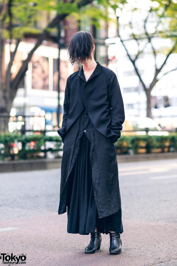 Minimalist Fashion & Long Bangs Hairstyle in Tokyo w/ Marc Le Bihan Jacket, Maxi Skirt & Ankle Boots