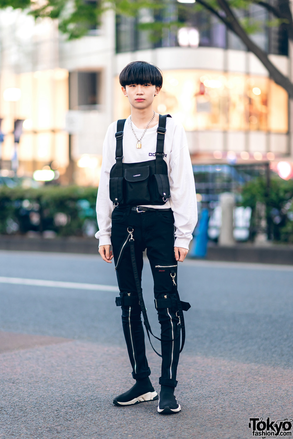 Harajuku Monochrome Street Style w/ Korean Sweatshirt, Tripp NYC Strap Pants, Balenciaga Sock Trainers & A-Wende Harness Bag