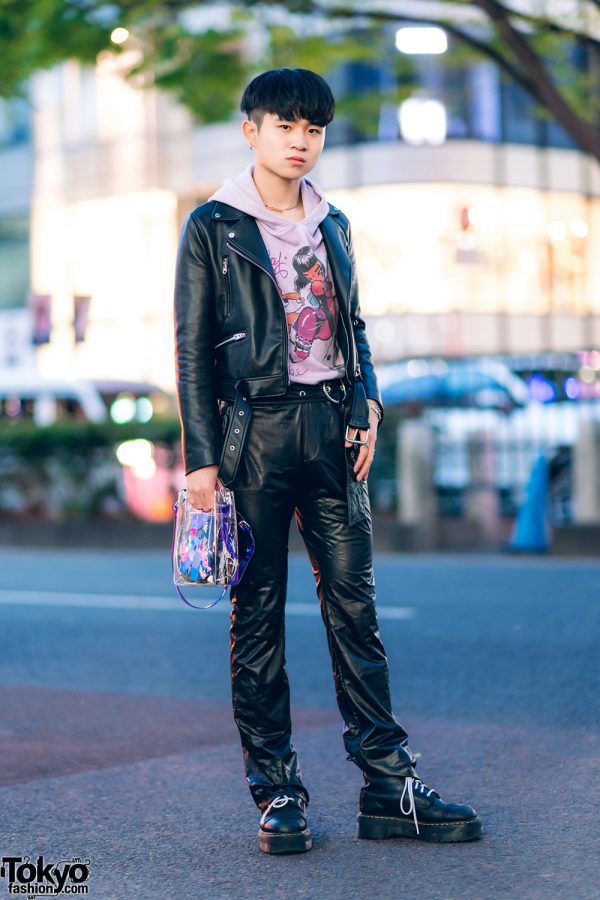 Harajuku Streetwear Style w/ Zara Faux Leather Moto Jacket, Vintage Pants, Fifi x Faline Tokyo Hoodie, Fifi x Nana-Nana Clear Bag & Dr. Martens Boots