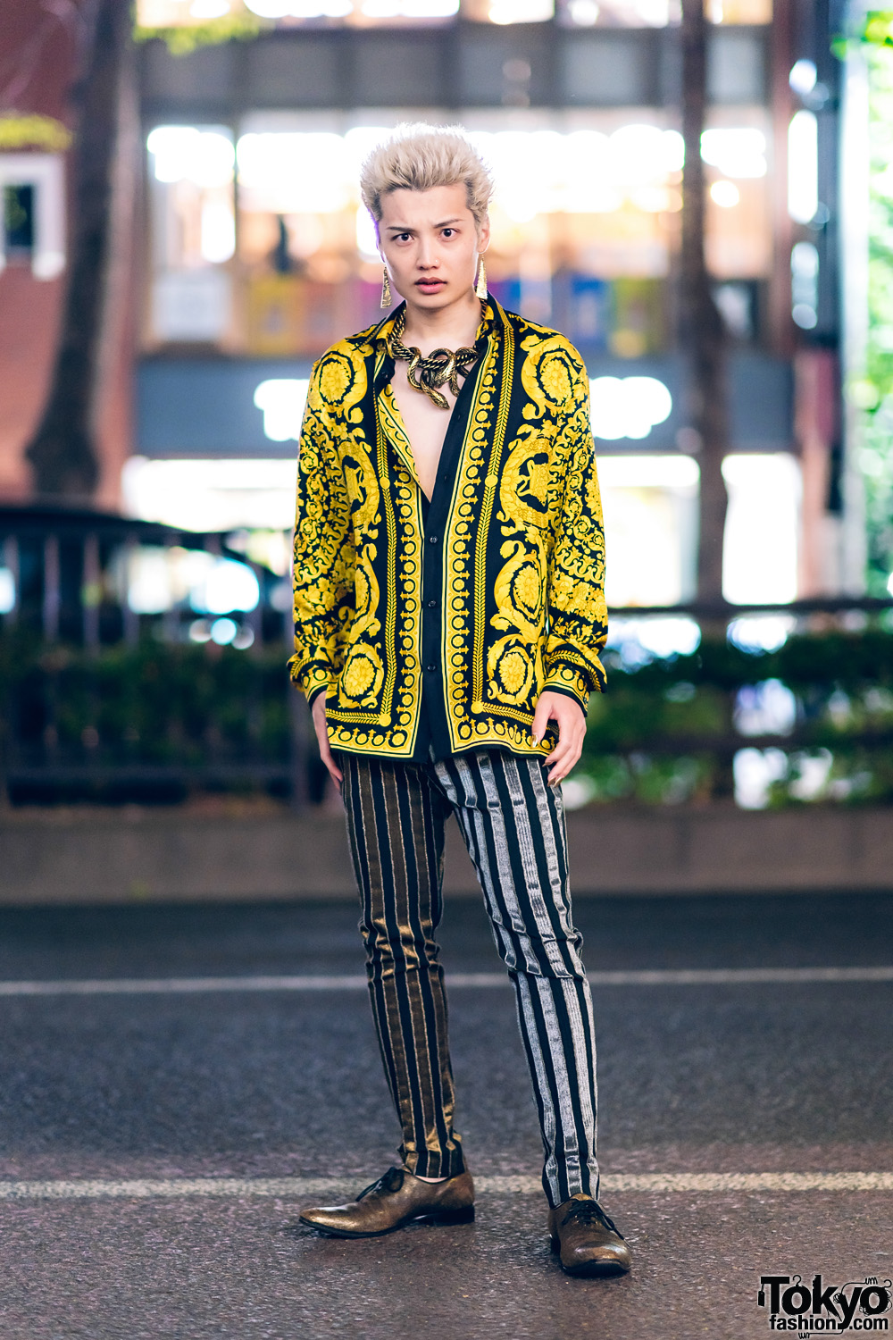 Japanese Mens Street Style in Harajuku w/ Roberto Cavalli Snake Statement Necklace, Versace Baroque Print Shirt, Striped Pants & Haider Ackermann Loafers