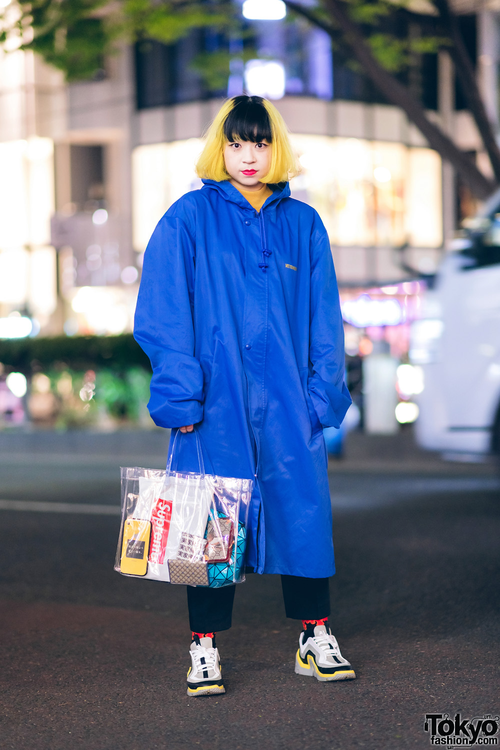 Two-Tone Hair, Vetements Hooded Maxi Coat, Pierre Hardy Sneakers & Tokyu Hands Clear Tote Bag