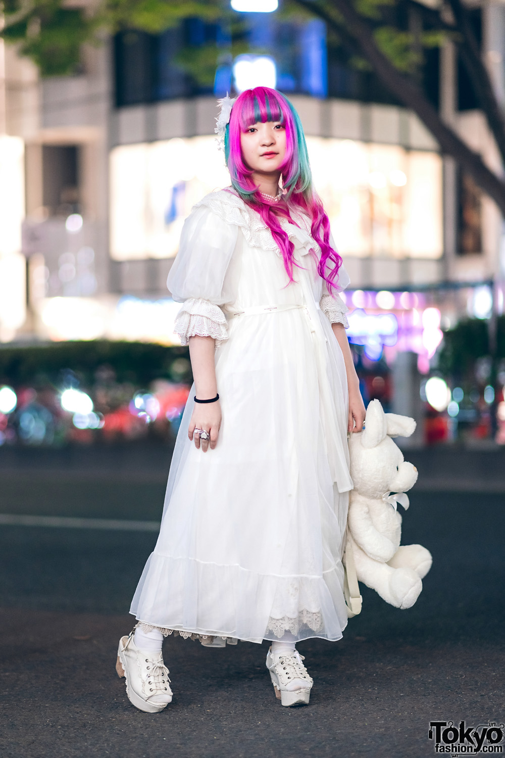 Plush Rabbit, Pink Hair & Sheer White Axes Femme Harajuku Street Style
