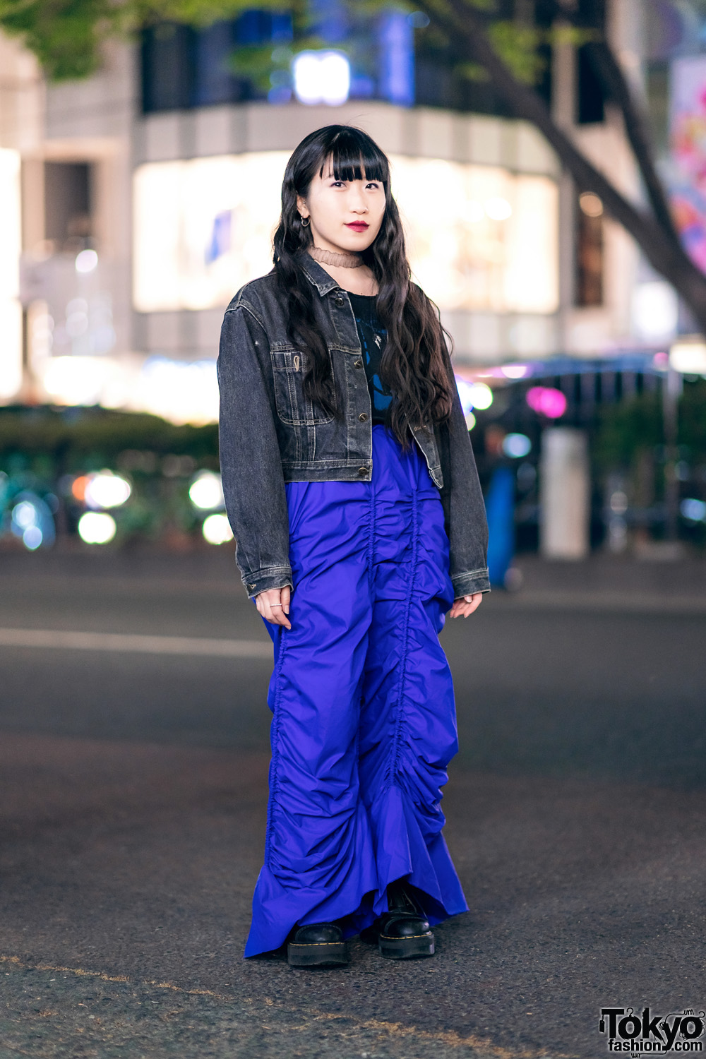 Tokyo Streetwear Style w/ Black Denim Jacket, Purple Gathered Pants & Dr. Martens Boots