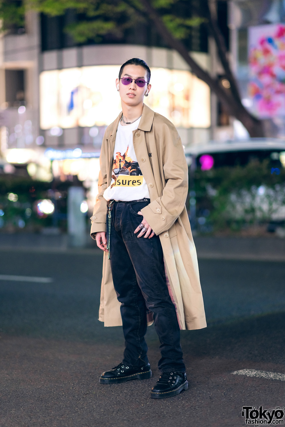 Harajuku Guy in Tan Coat & Black Boots Streetwear Style w/ Muf10, Levi’s, Dr. Martens, Rat Race & Nacht