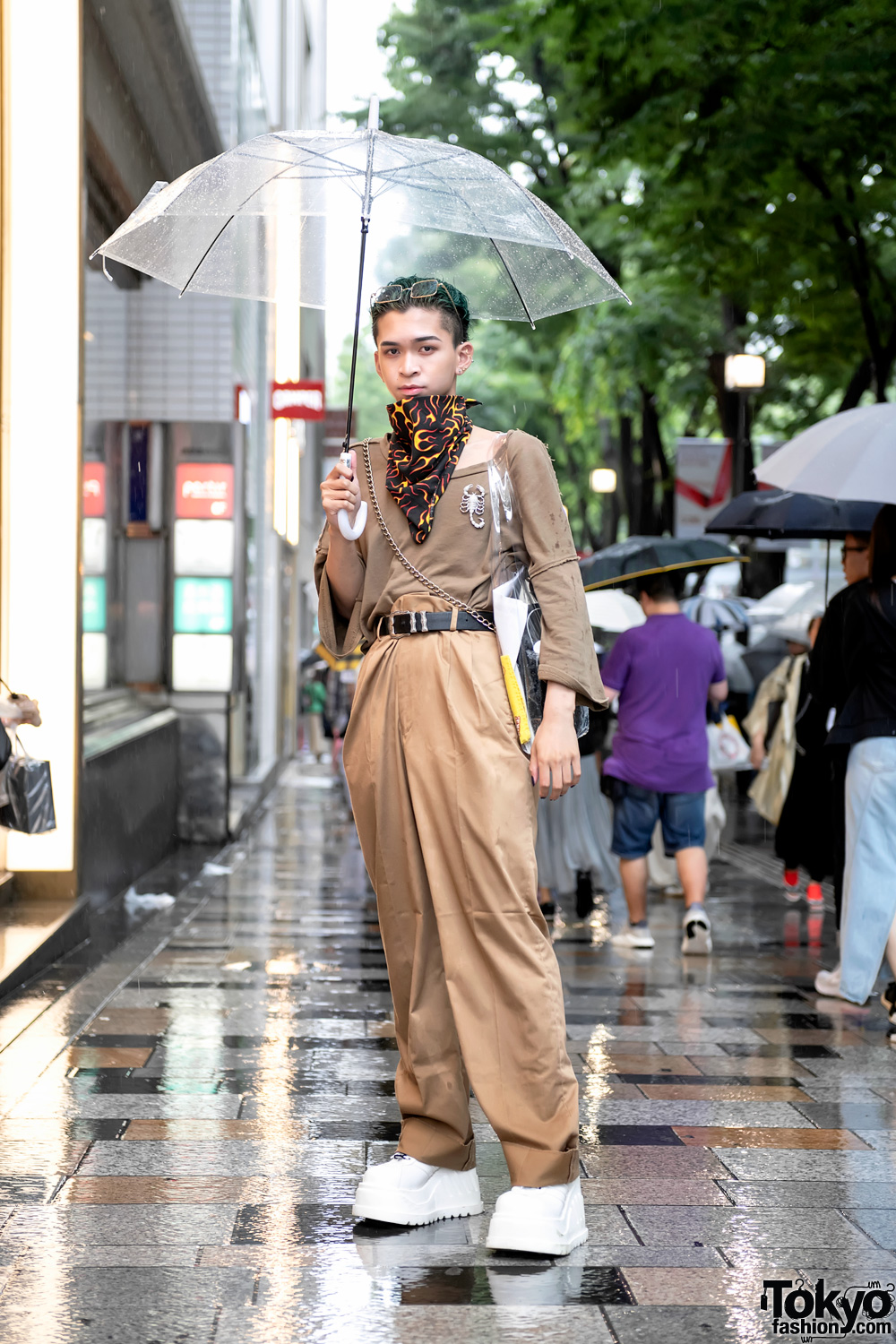 Harajuku Guy in Beige Street Style w/ Flame Handkerchief, High Waist Pants & White Demonia Platforms