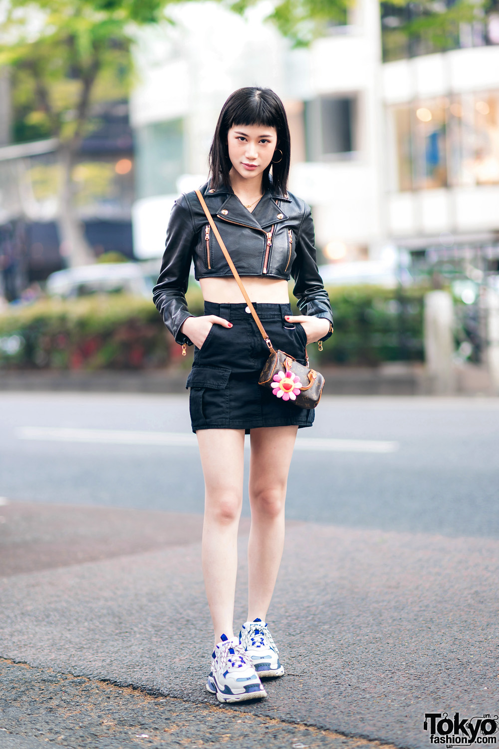 Model's Street Style w/ Moschino x H&M Cropped Jacket, Forever21, Bershka Skirt, Ambush, Takashi Murakami, Louis Vuitton Bag Balenciaga Triple S Shoes – Tokyo Fashion