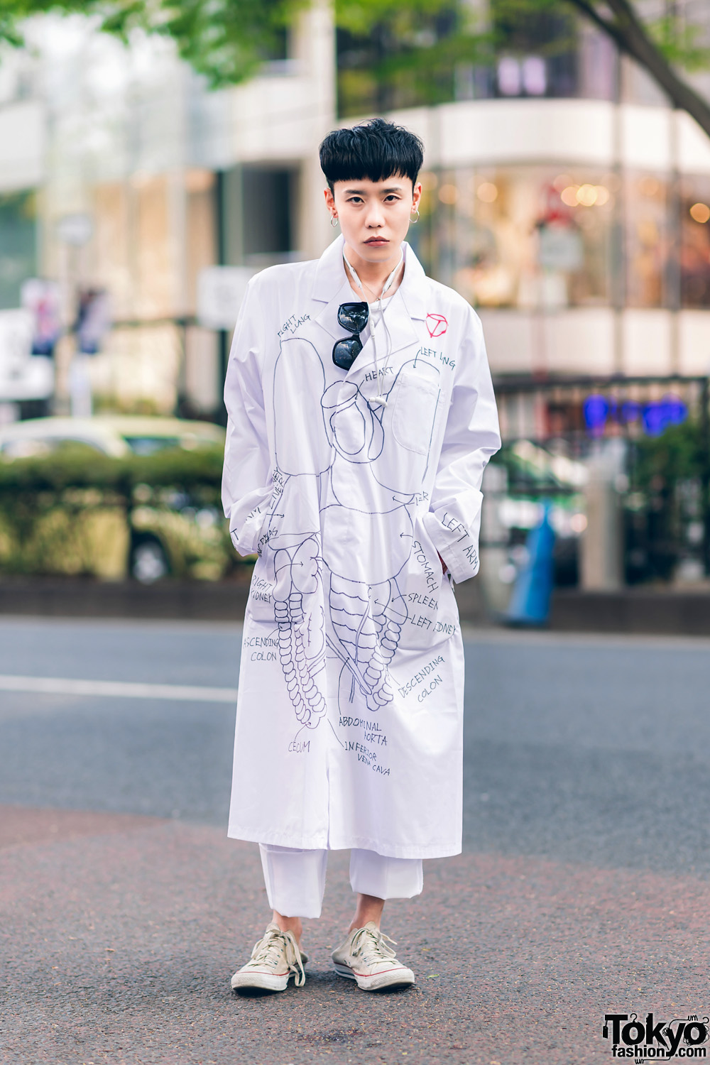 The Symbolic Tokyo Designer w/ Black Sunglasses, TST Anatomy Art Lab Coat, Cuffed Pants ; Vintage Converse Sneakers