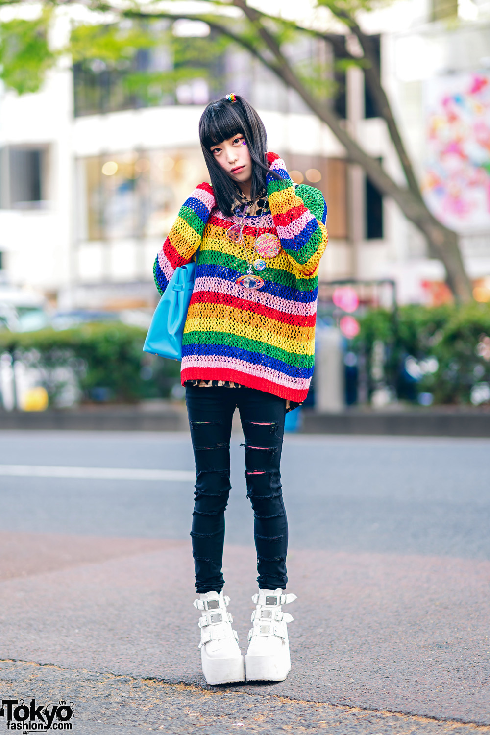 Japanese Street Fashion w/ Forever21 Rainbow Sweater, Kol Me Baby, Glad News Ripped Jeans, Demonia Platforms, Angel Blue, 6%DokiDoki Badges & Vivienne Westwood