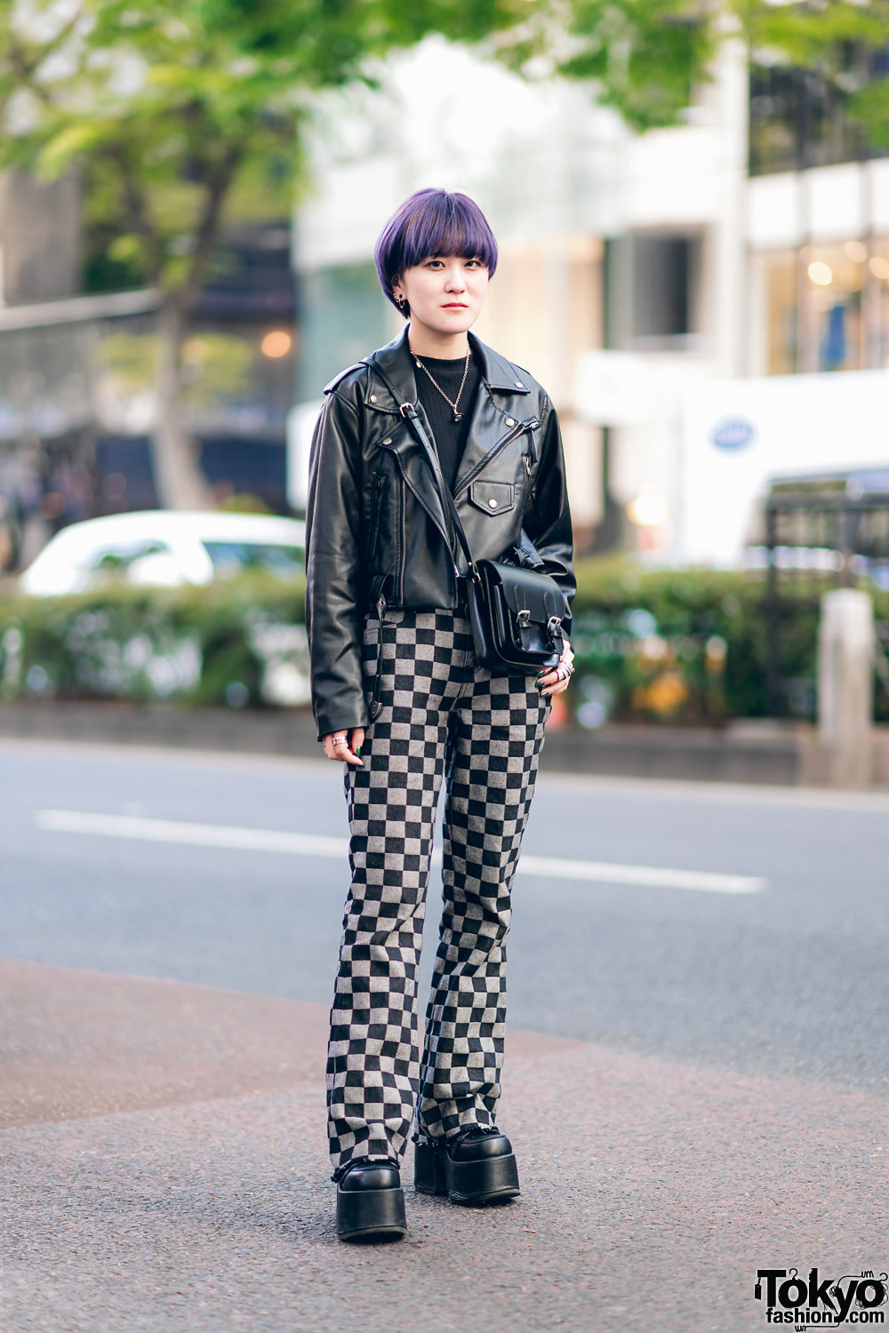 Harajuku Streetwear Style w/ Purple Hair, Faith Tokyo Checkered Pants, Never Mind the XU, Vivienne Westwood & Demonia Platforms