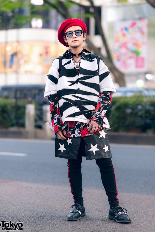 Japanese Pop Idol & Fashion Designer in Handmade Style w/ Beret, Zebra Cropped Shirt, Center Slit Star Skirt, Chrome Hearts Accessories & Chanel Quilted Backpack