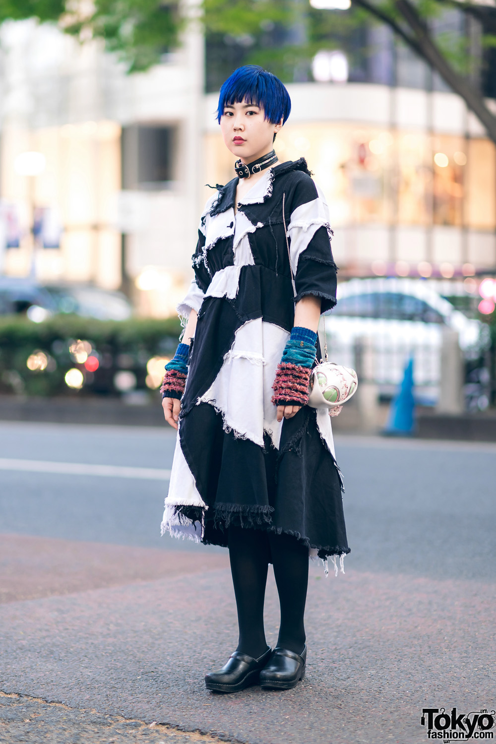 Harajuku Street Style w/ Blue Hair, Ikumi Patchwork Denim Dress, Vivienne Westwood Arm Warmers, Handmade Bag & Dansko Clogs