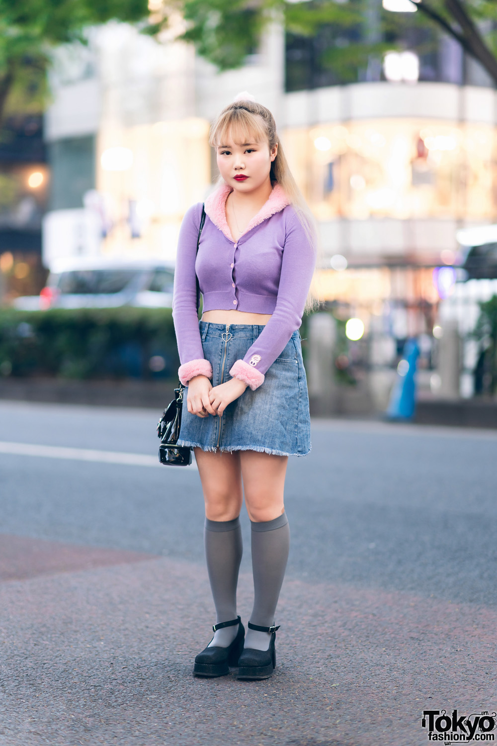 Japanese Street Style w/ Lazy Oaf Cropped Sweater, Sugar Thrillz Denim Skirt, Bubbles, UNIF Sling & Office Kiko Glitter Shoes