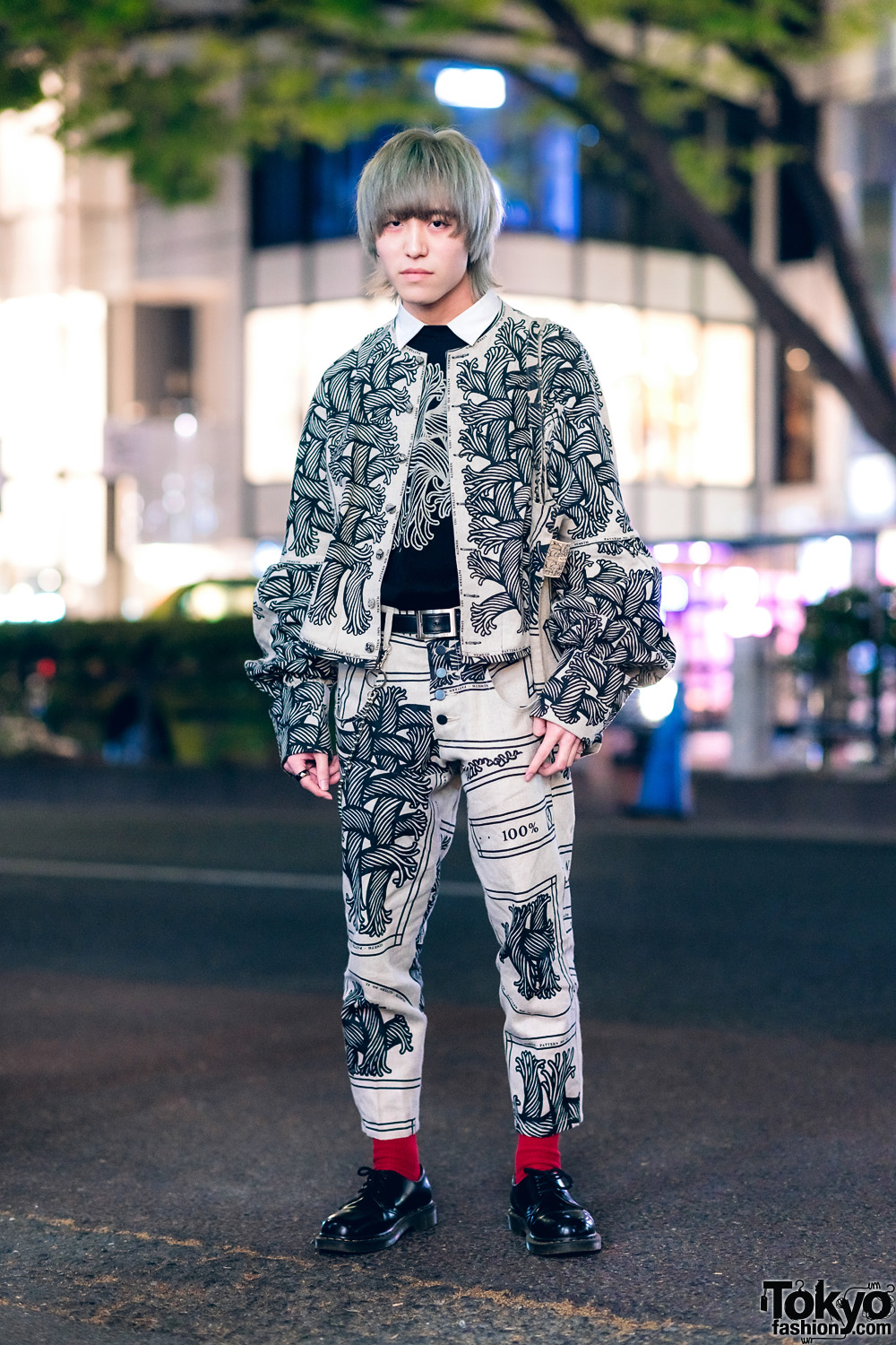 Christopher Nemeth Rope Print Streetwear in Harajuku w/ Collarless Jacket, Button-Fly Pants, Lace-Up Shoes & Tote Bag