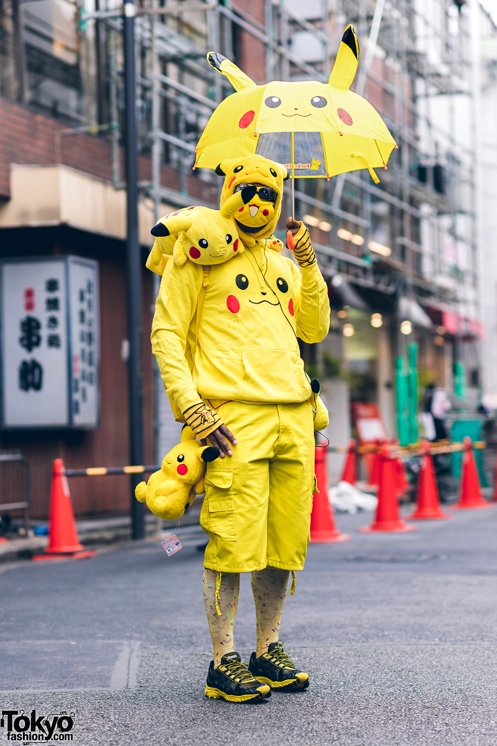 Pikachu Street Style in Harajuku w/ Pickachu Mask, Furry Hat, Hoodie, Plushies, Backpack & Pikachu Tail
