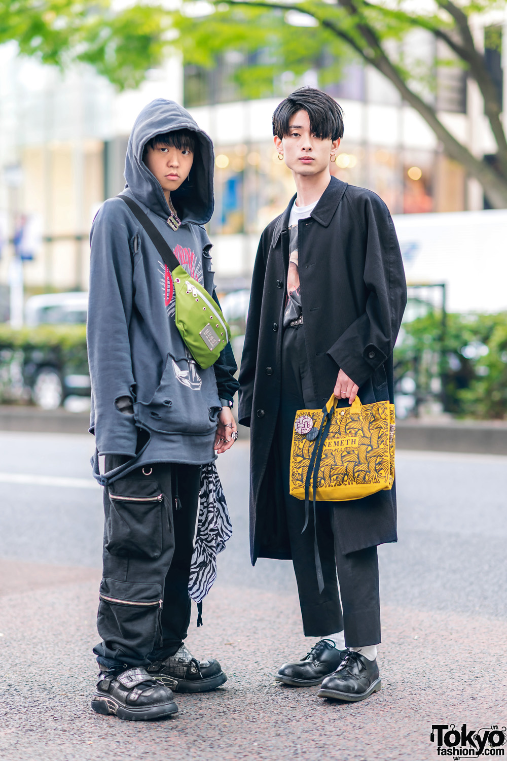 Tokyo Street Styles w/ MYOB Ripped Hoodie, Another Youth, Dr. Martens, Christopher Nemeth Rope Print Bag, Tokyo Human Experiments Rings & New Rock Velcro Shoes