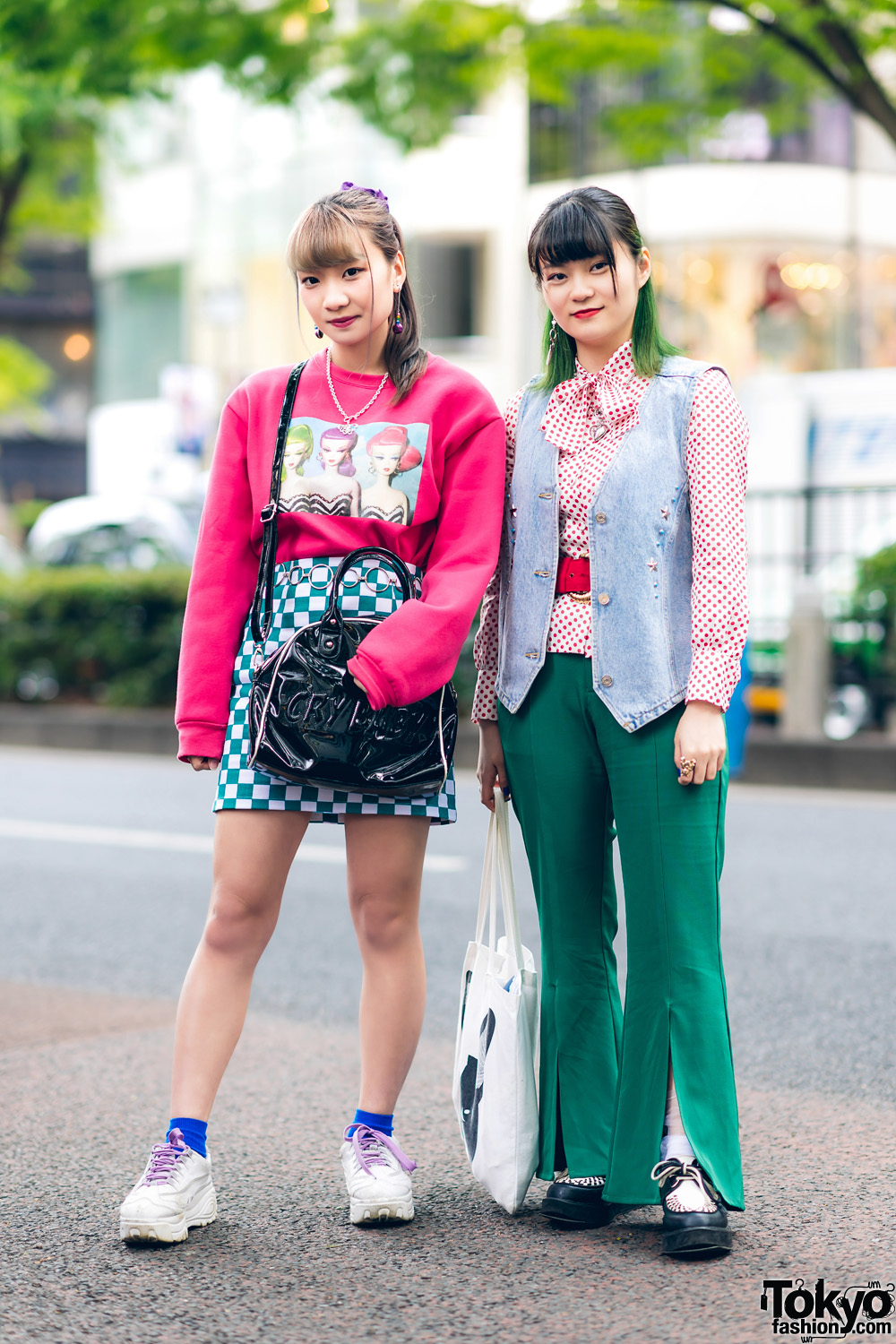 Tokyo Street Styles w/ Green Hair, Sevens, Peco Club Patent Bag, RRR Vintage Denim Vest, WC Slit Pants & Yosuke Creepers