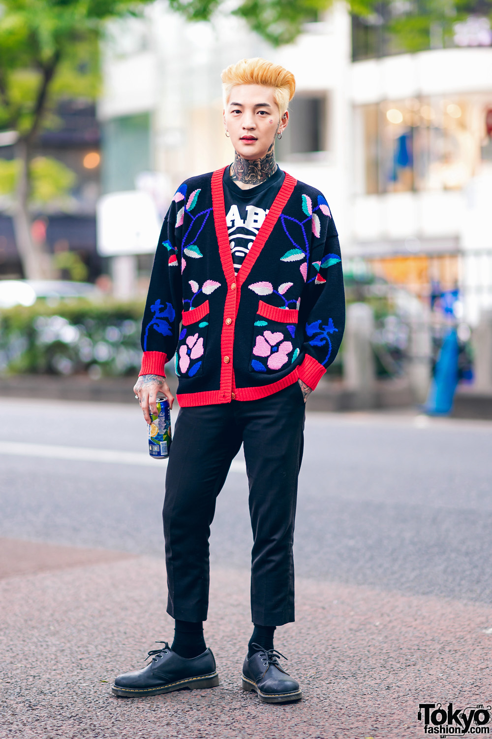 Artist in Harajuku w/ Neck Tattoo, Floral Knit Cardigan, A Bathing Ape, Cropped Pants & Dr. Martens