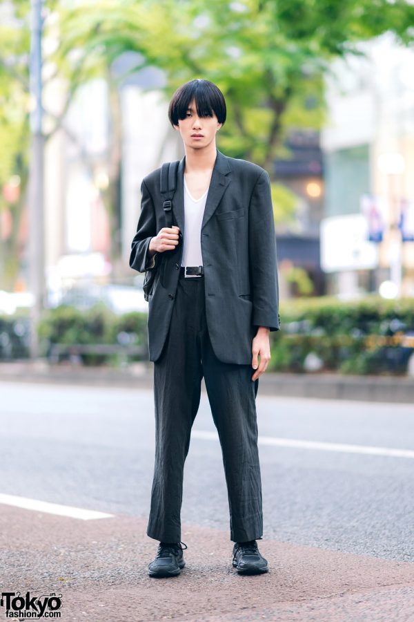 Japanese Model w/ Hugo Boss Suit, Uniqlo V-Neck Shirt, Eastpack Backpack & ASICS Sneakers
