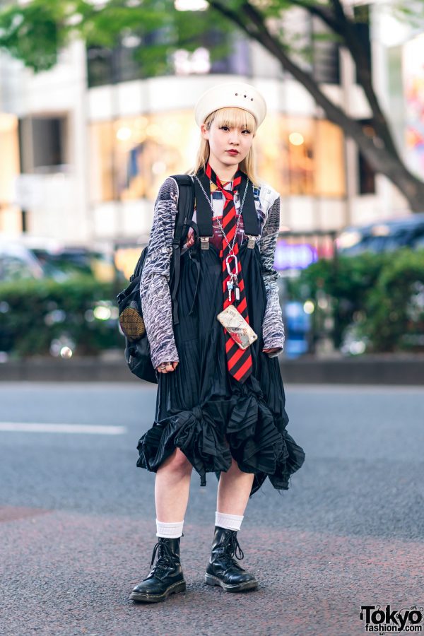 Amni Fashion Designer in Harajuku w/ Bodysong Sailor Hat, Kotohayokozawa Sweatshirt, Vintage Pleated Skirt, Suspenders & Dr. Martens