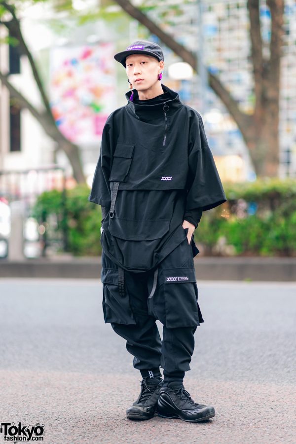 All Black Japanese Streetwear w/ Supreme Denim Cap, Mixdo Layered Shirts, Vivienne Westwood & Nike Sneakers