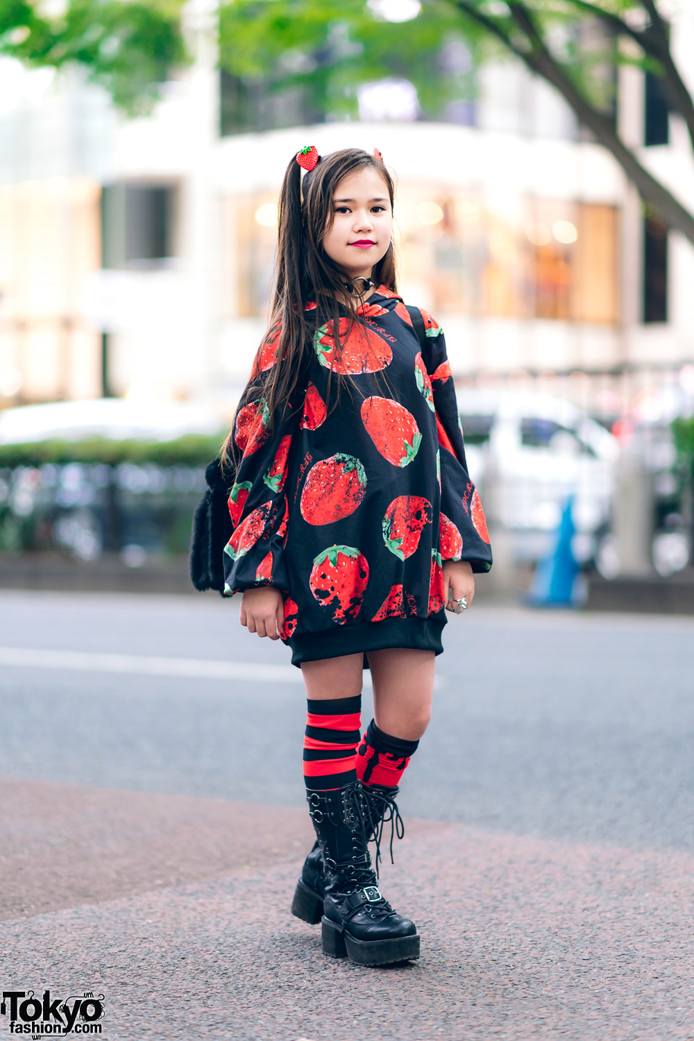 Red & Black Street Style in Harajuku w/ Twin Tails, ACDC Strawberry Print Hoodie, Village Vanguard Backpack, AnkoROCK & Yosuke Boots
