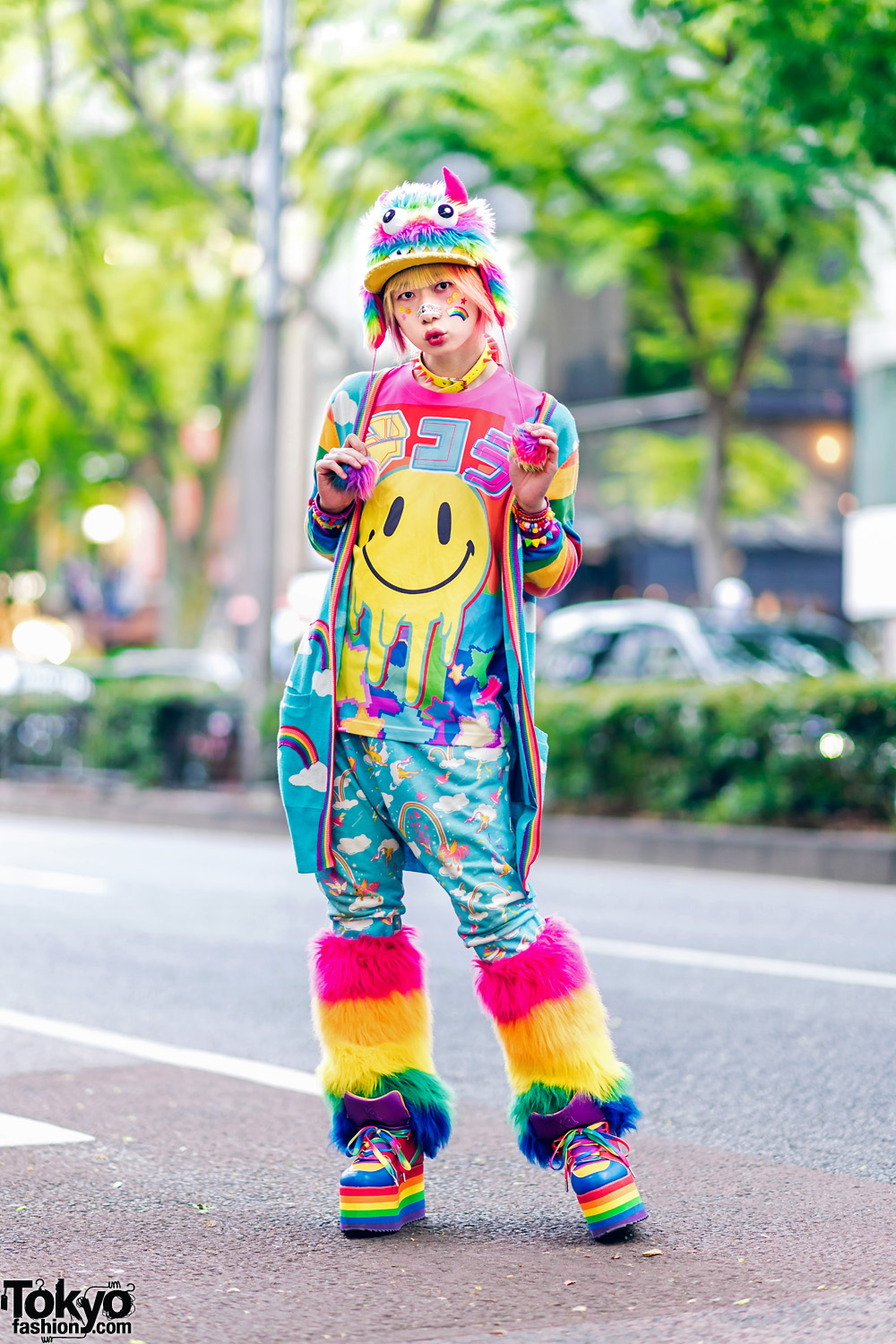 Harajuku Fashion Walk Organizer in Mixed Prints Rainbow Streetwear Style w/ Furry Monster Hat, Galaxxxy, 6%DokiDoki, New Era, Dolls Kill Furry Leg Warmers & YRU Rainbow Platforms