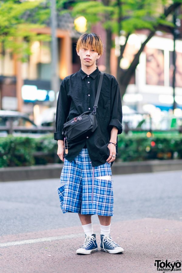 Comme des Garcons Homme Plus Street Style in Harajuku w/ Button Down Shirt, Plaid Shorts, Gucci, Chanel, Alexander McQueen & Converse Sneakers