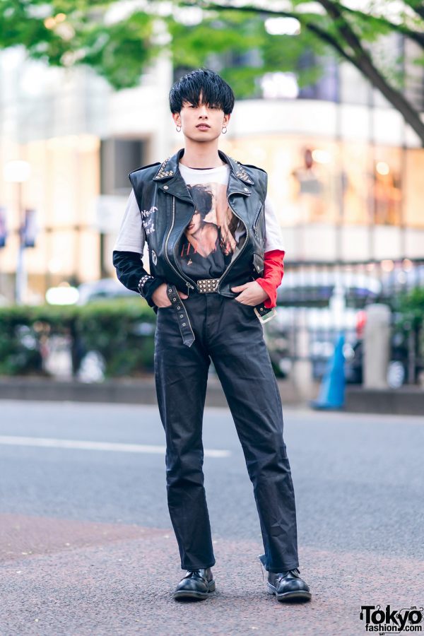 Harajuku Streetwear Style w/ Hoop Earrings, Vintage Leather Vest, Whitney Houston T-Shirt, Studded Belt & Lace-Up Leather Shoes